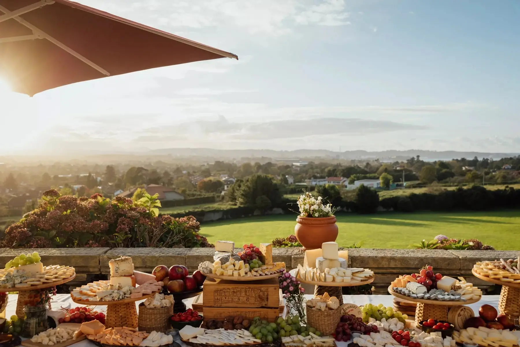 Una mesa de quesos y frutas en la balaustrada de la terraza, con el sol bajo sobre la bahía y el campo al fondo